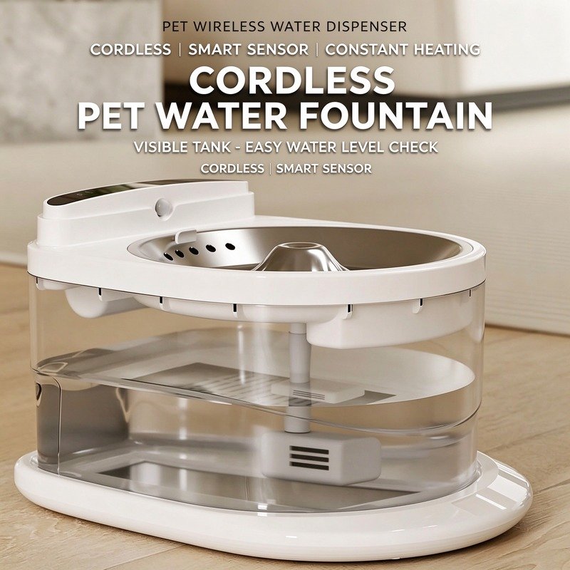 White cordless smart pet water fountain with transparent water tank and modern drinking basin