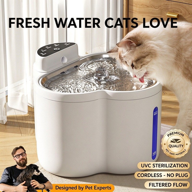 cat water fountain, UVC sterilization pet fountain, cordless cat water dispenser, filtered pet drinking fountain, stainless steel top water bowl, automatic cat waterer, fresh flowing water cat bowl, pet-safe water fountain, wireless dog water fountain, heart-shaped pet fountain