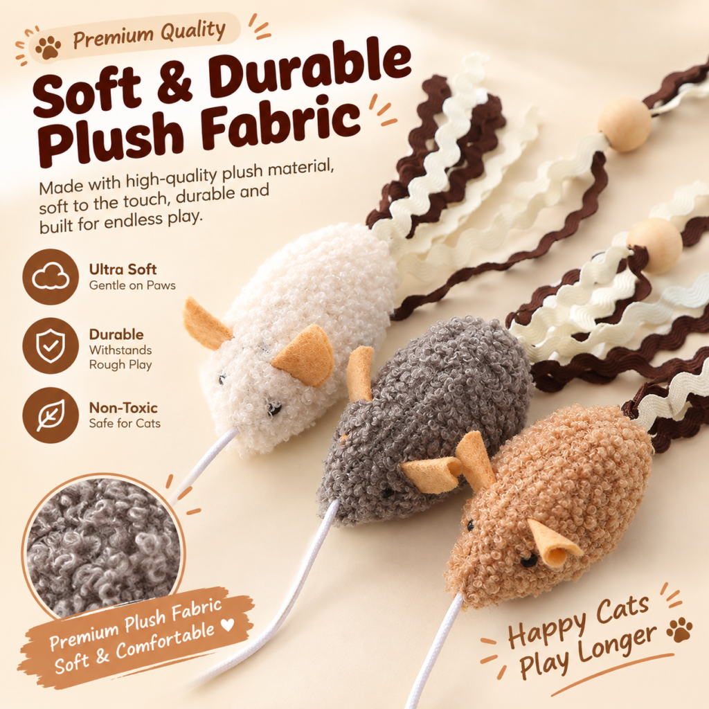 Interactive Cat Teaser Wand with Plush Mouse & Wavy Ribbon