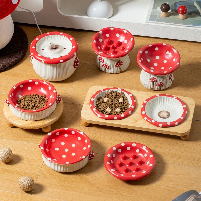 Ceramic Mushroom Pet Feeder & Elevated Water Dish