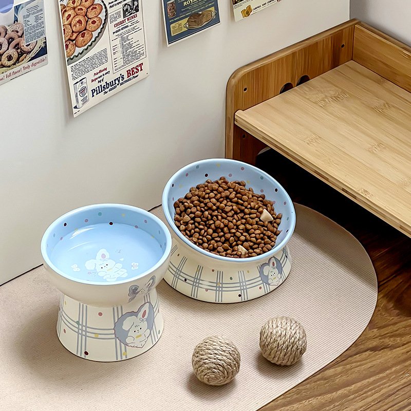 Kawaii Bunny Plaid Elevated Ceramic Pet Bowl - Image 2