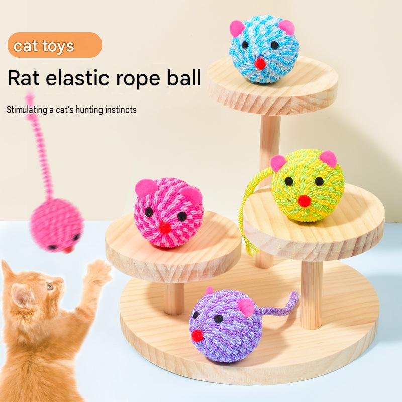 Interactive Woven Mouse Cat Toy Ball with Elastic Tail & Rattle Sound