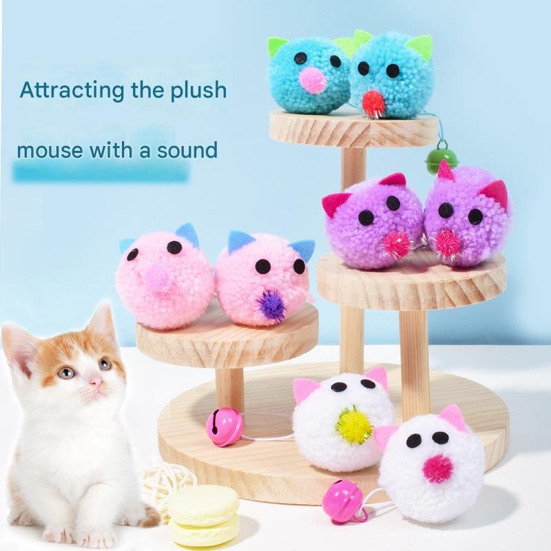 Plush Pom-Pom Mouse Cat Toy with Elastic Cord & Jingle Bell