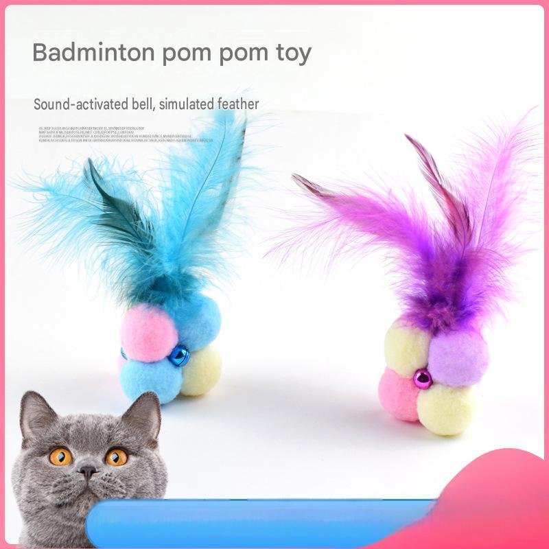 Interactive Shuttlecock Cat Feather Toy with Pom-Poms & Jingle Bell