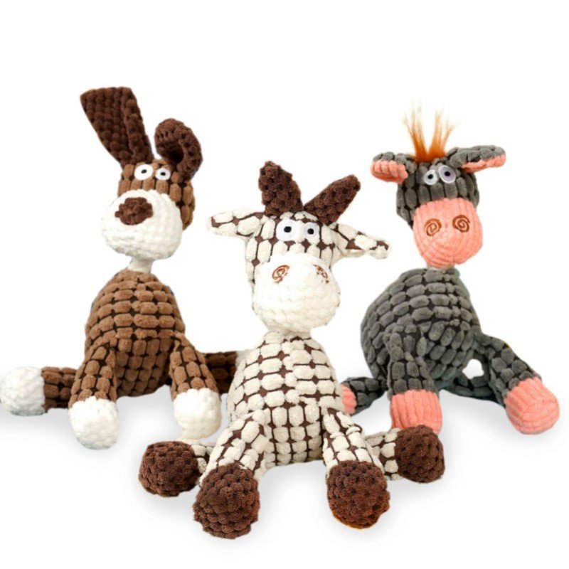 Squeaky Corduroy Plush Dog Toy with Cotton Rope Neck – Teething Chew Toy for Dogs
