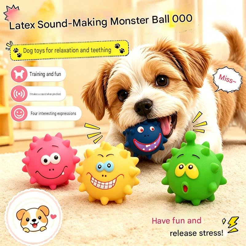 Interactive Monster Latex Dog Chew Toy – Soft Spiky Dental Ball with Built-In Squeaker