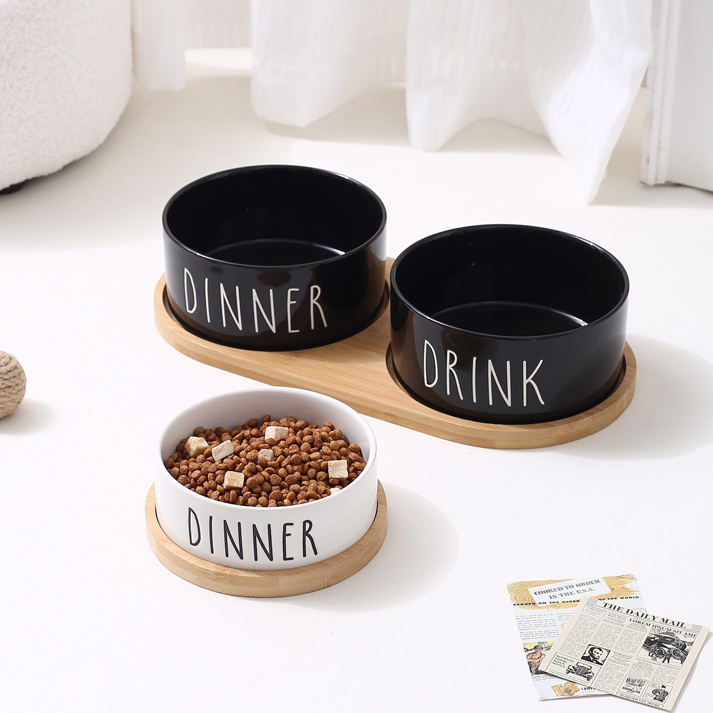 Ceramic Dinner & Drink Pet Bowl Set with Bamboo Tray for Cats & Dogs - Image 3