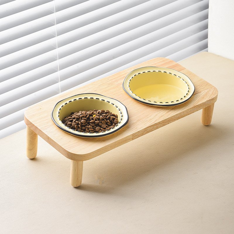 Raised Double Ceramic Pet Bowl Set with Wooden Stand for Cats & Small Dogs)