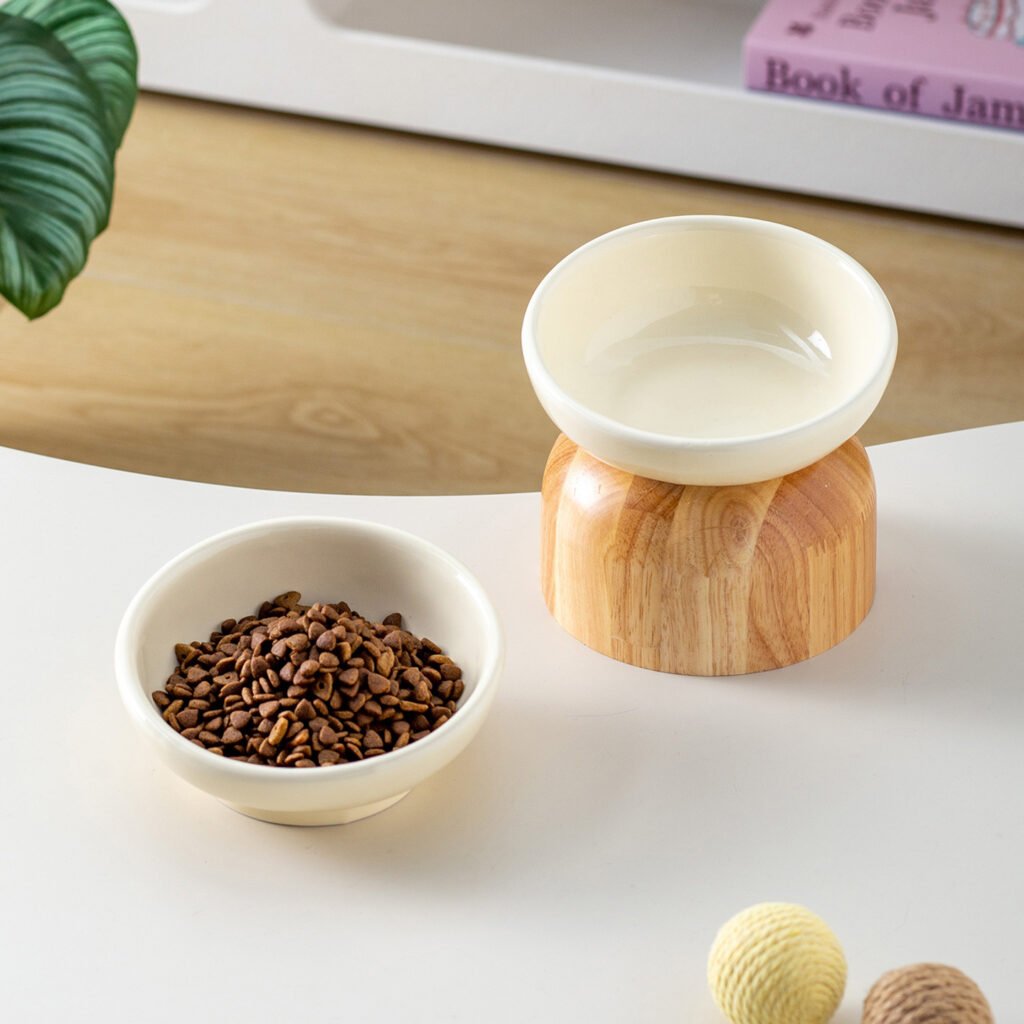 Raised Tilted Ceramic Pet Food Bowl with Wooden Pedestal