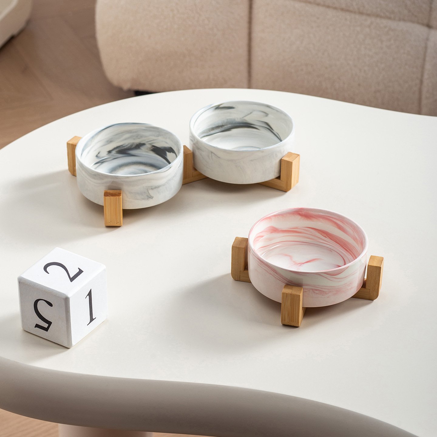 Raised Marble Ceramic Cat Bowl with Bamboo Stand for Dogs - Image 2