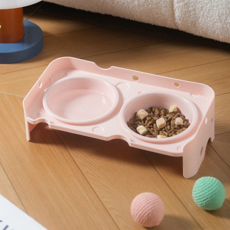 Raised Tilted Cat Food and Water Bowl Set with Double Plastic Riser - Image 2