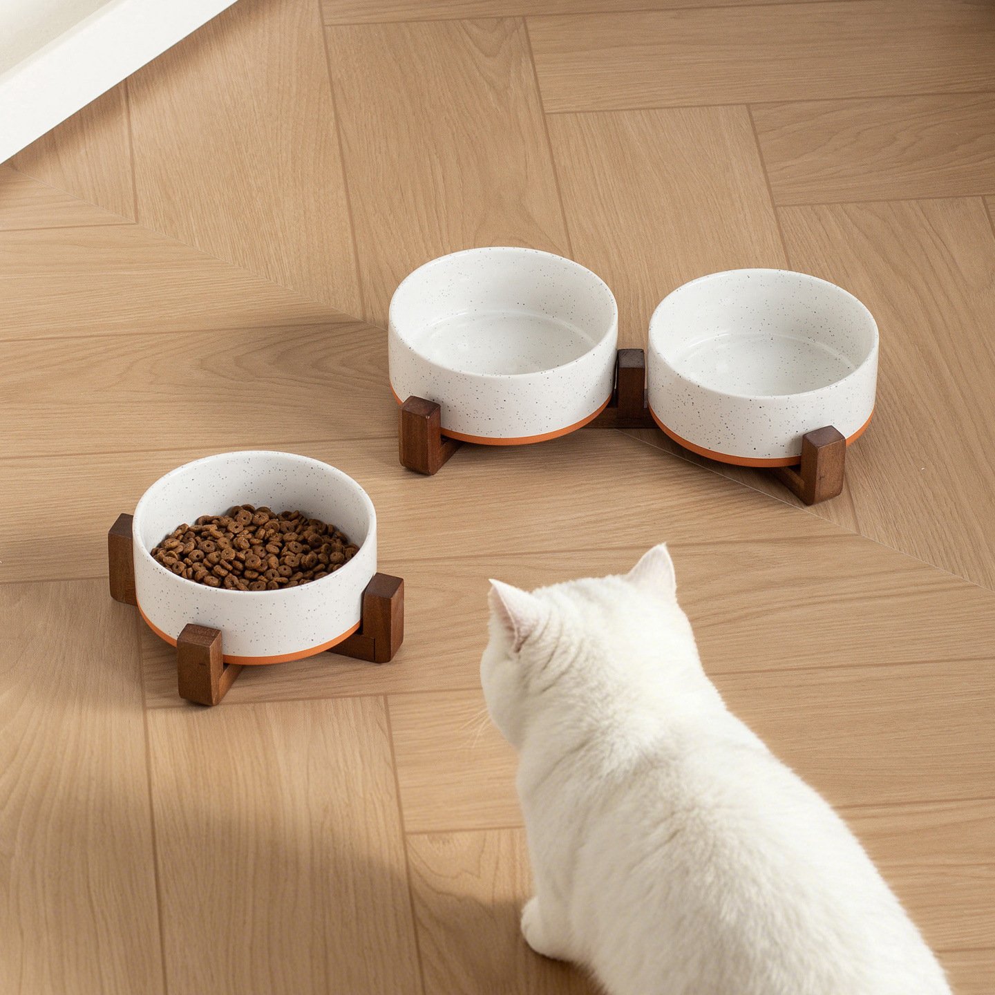 Raised Marble Ceramic Cat Bowl with Bamboo Stand for Dogs