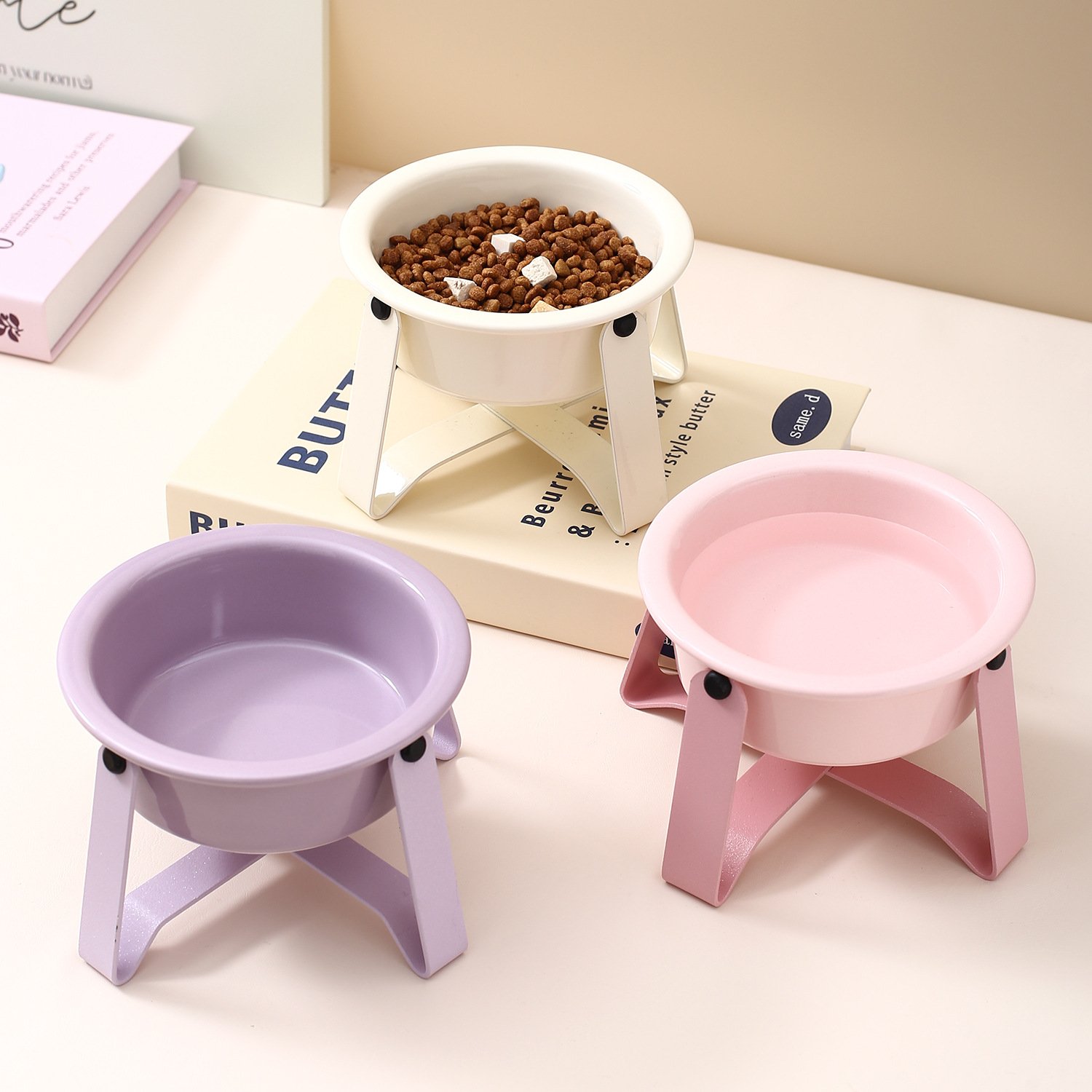 Raised Ceramic Cat Food Bowl with Color-Matched Metal Stand - Image 2