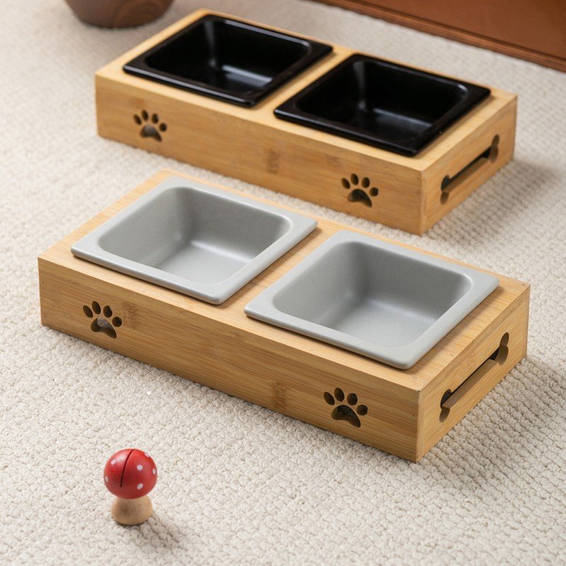 Raised Square Ceramic Double Pet Feeder with Wooden Box Stand