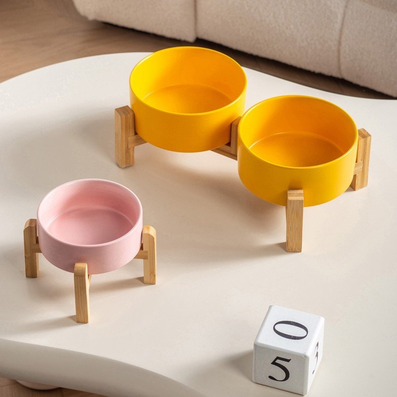Raised Ceramic Pet Bowl with Elevated Bamboo Stand for Cats & Dogs