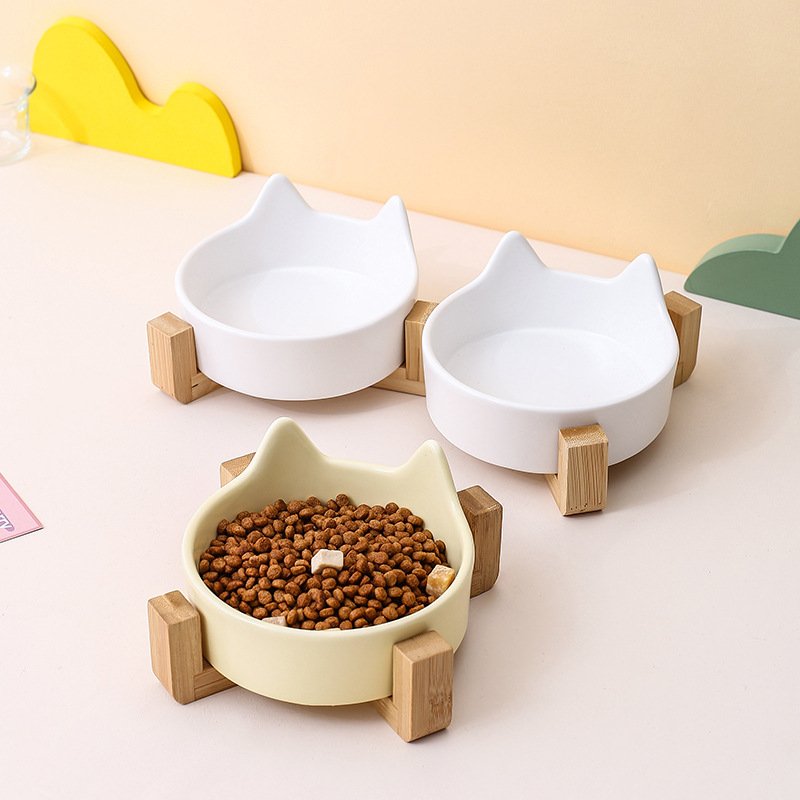 Raised Ceramic Cat Ear Food Bowl with Wood Stand for Cats & Small Dogs