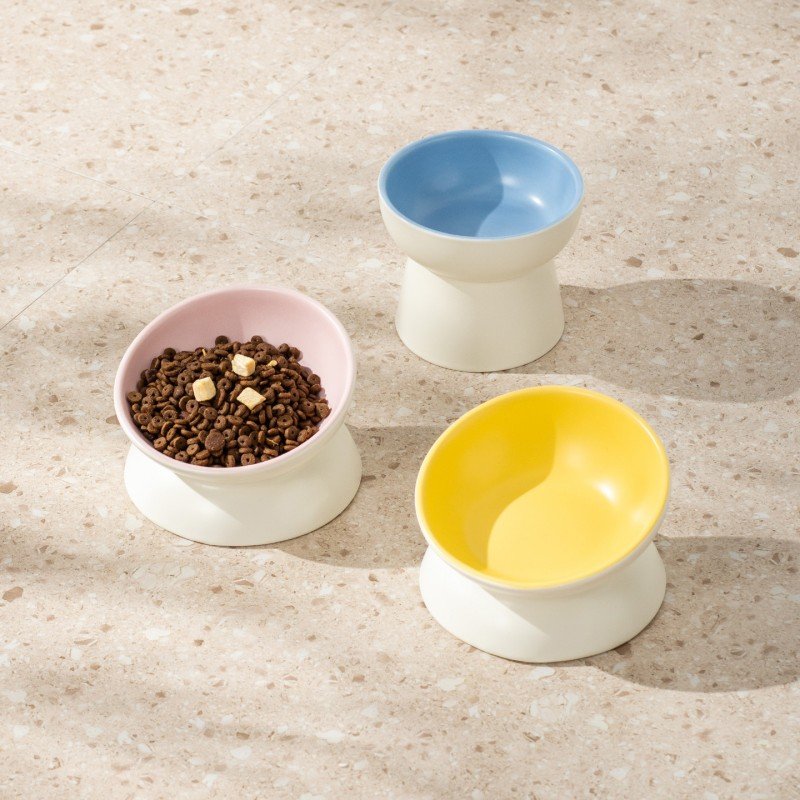 Slanted Raised Ceramic Cat Food and Water Bowl with Pedestal Stand