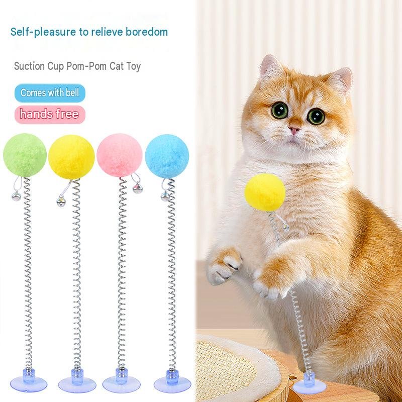 Suction Cup Bouncy Cat Toy – Elastic Spring Fur Ball Toy with Jingle Bell