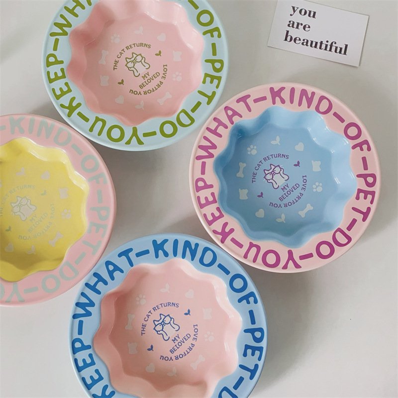 Wide Shallow Ceramic Cat Food Dish for Whisker Relief