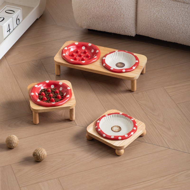 Raised Ceramic Mushroom Pet Feeder & Water Dish with Oak Stand
