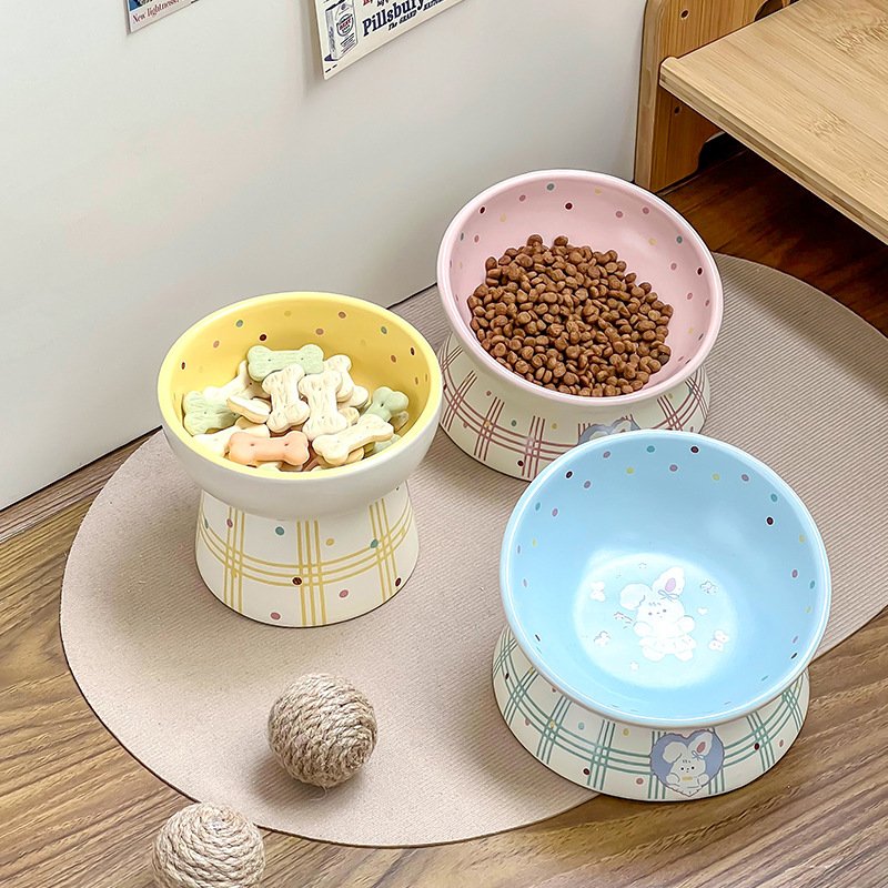 Kawaii Bunny Plaid Elevated Ceramic Pet Bowl