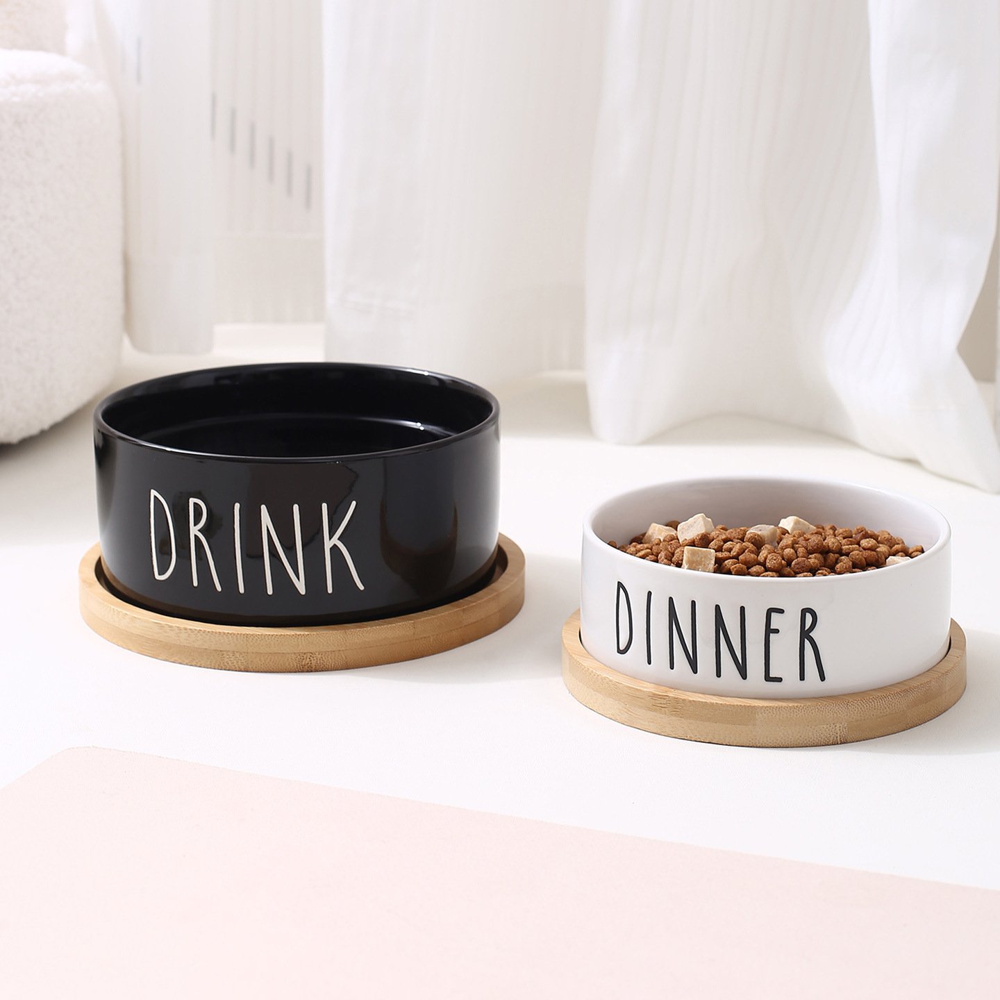 Ceramic Dinner & Drink Pet Bowl Set with Bamboo Tray for Cats & Dogs - Image 4