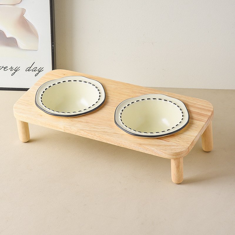 Raised Double Ceramic Pet Bowl Set with Wooden Stand for Cats & Small Dogs) - Image 2