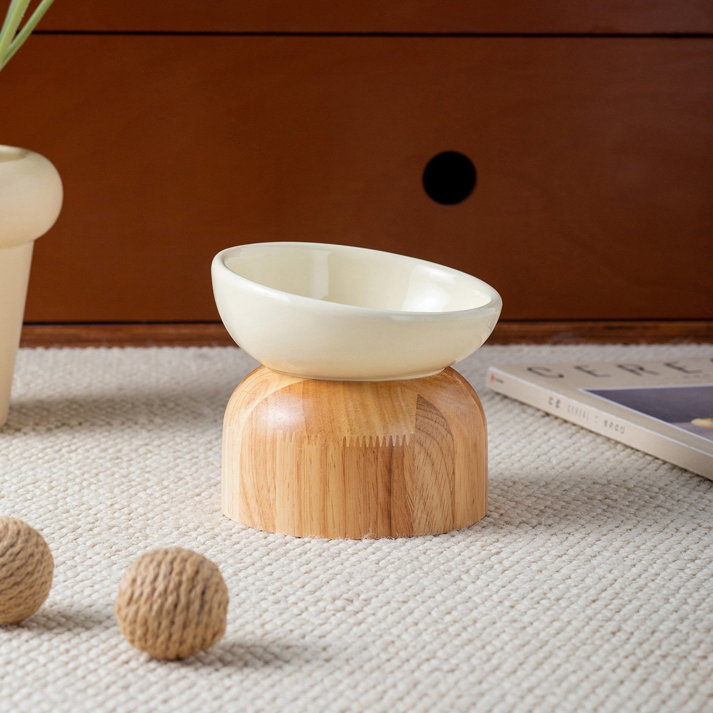 Raised Tilted Ceramic Pet Food Bowl with Wooden Pedestal - Image 2