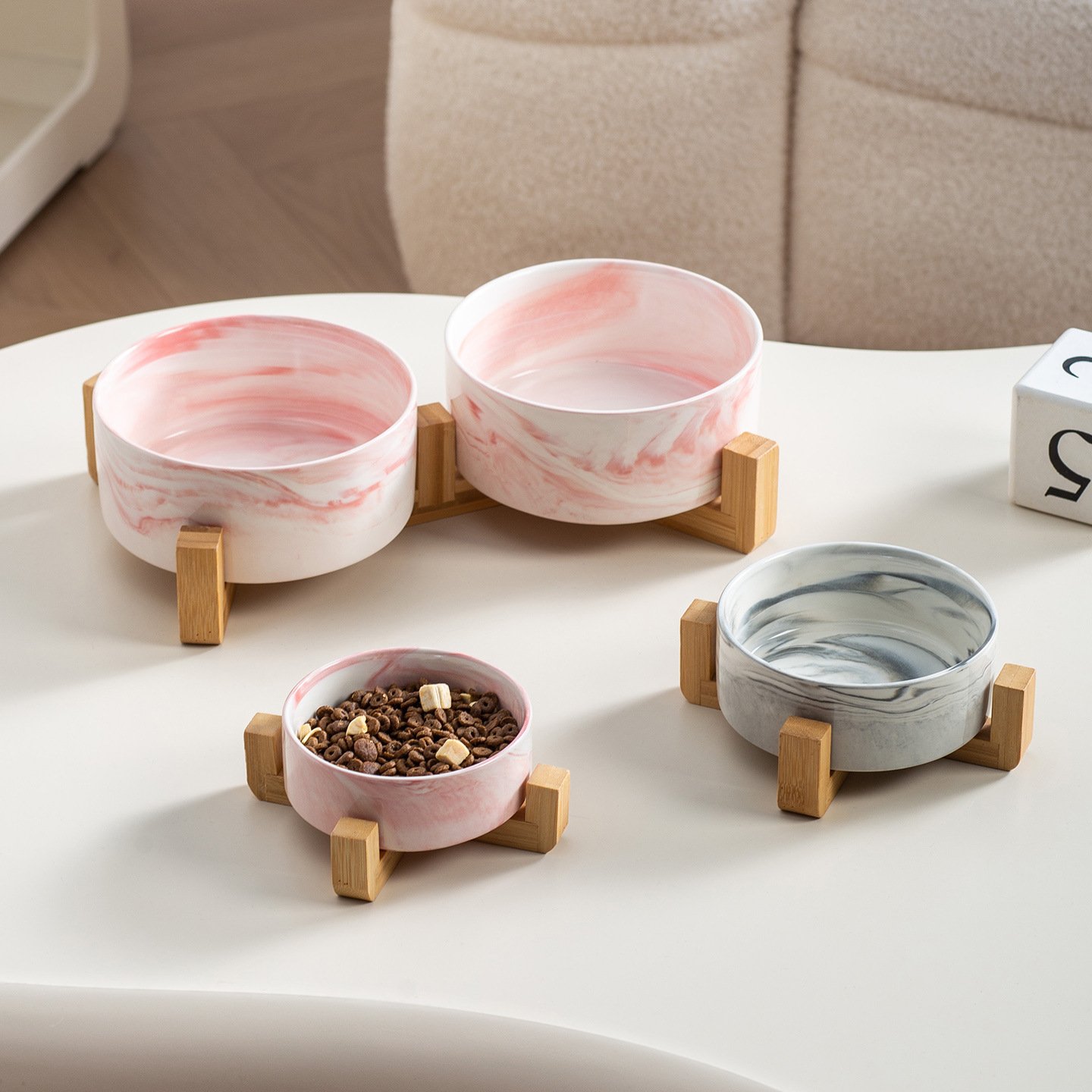 Raised Marble Ceramic Cat Bowl with Bamboo Stand for Dogs - Image 3