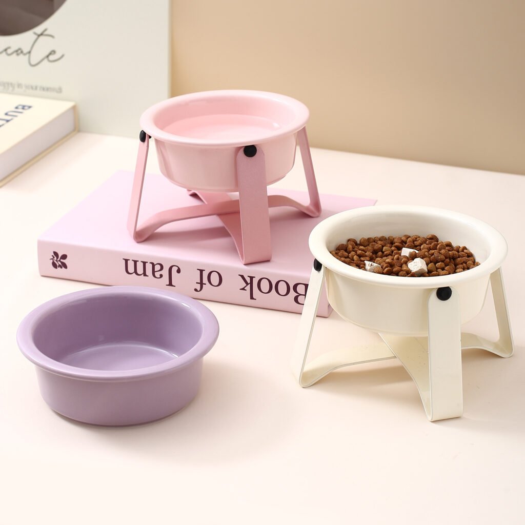 Raised Ceramic Cat Food Bowl with Color-Matched Metal Stand