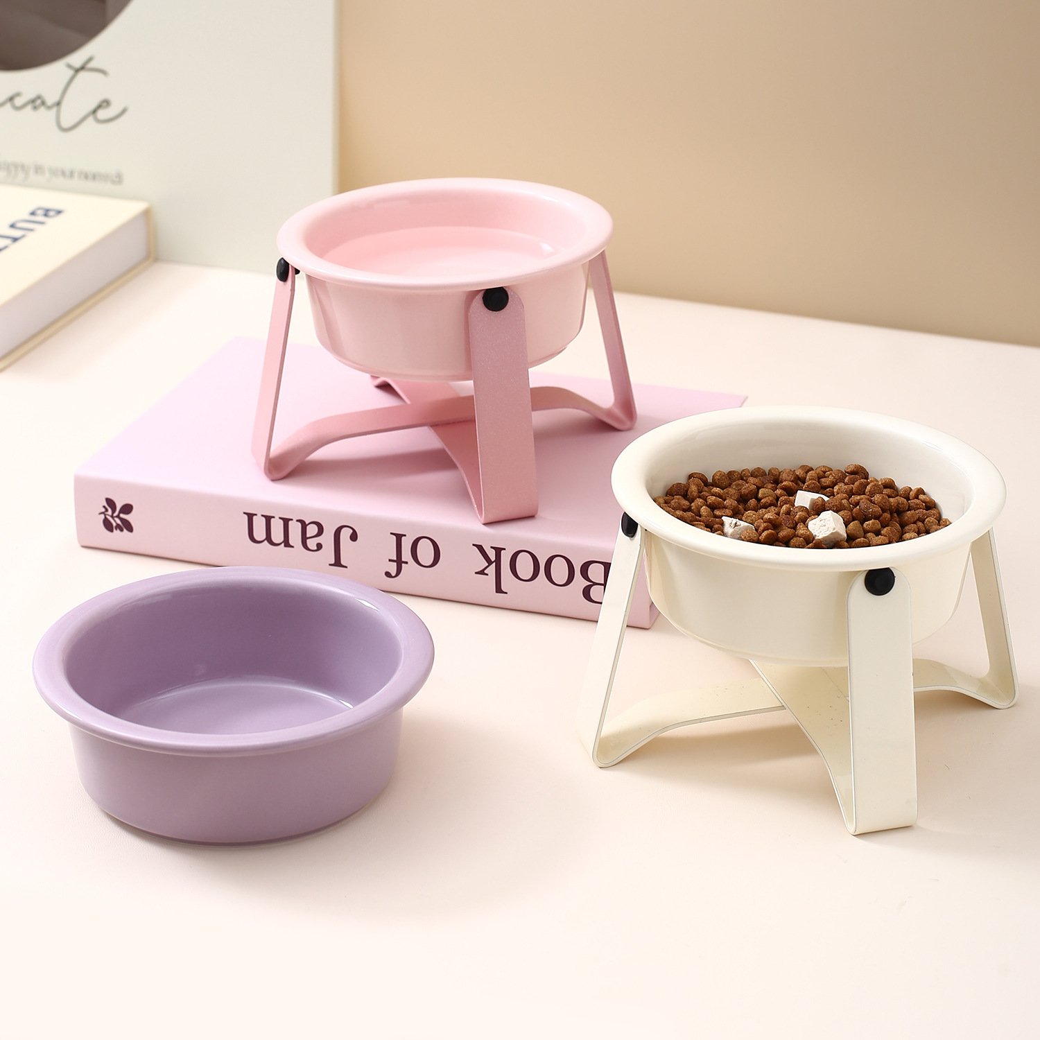 Raised Ceramic Cat Food Bowl with Color-Matched Metal Stand