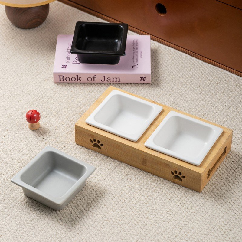 Raised Square Ceramic Double Pet Feeder with Wooden Box Stand - Image 2