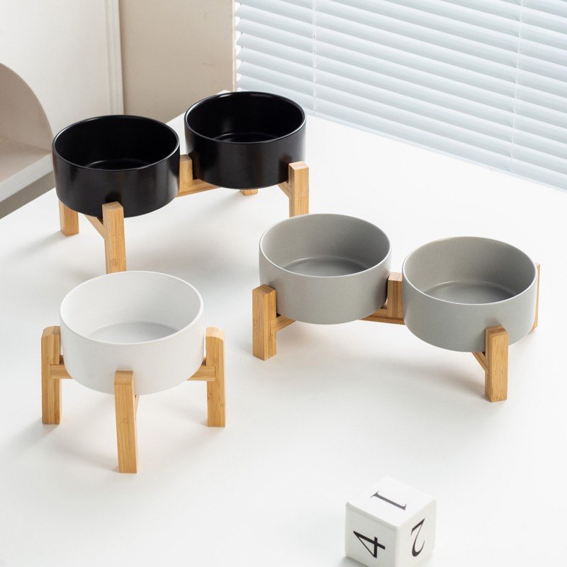 Raised Ceramic Pet Bowl with Elevated Bamboo Stand for Cats & Dogs - Image 2