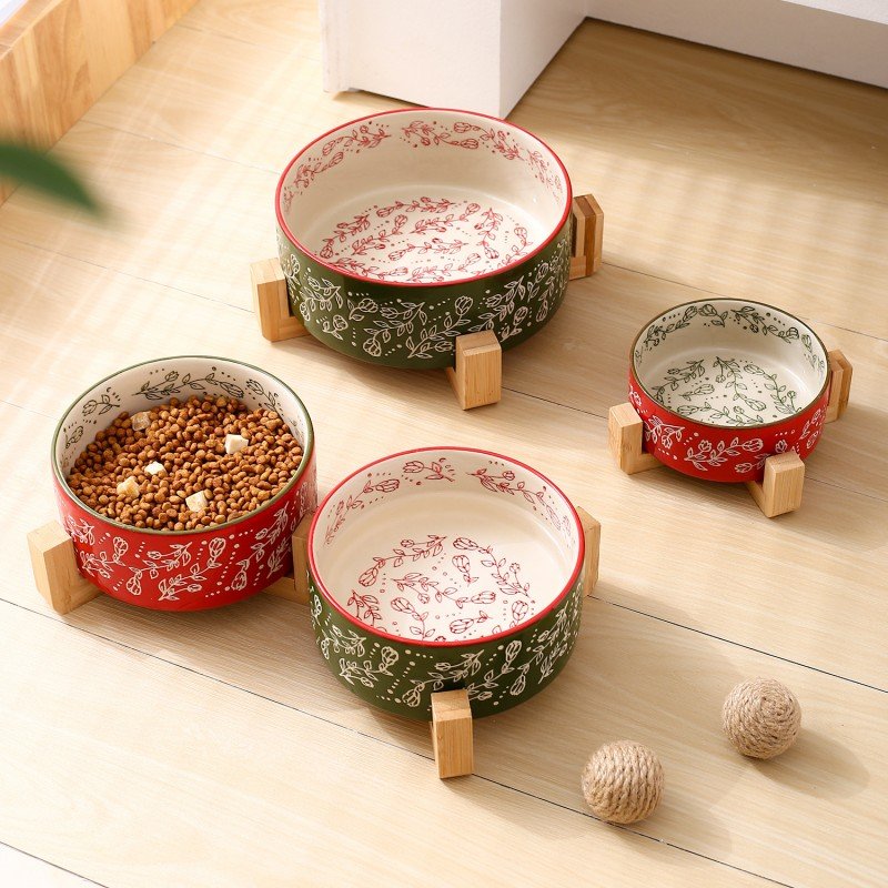 Raised Vintage Floral Ceramic Dog & Cat Bowl with Wood Stand