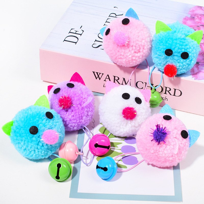 Plush Pom-Pom Mouse Cat Toy with Elastic Cord & Jingle Bell - Image 3