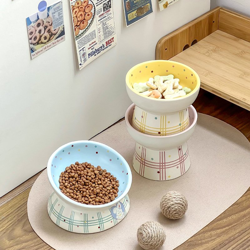Kawaii Bunny Plaid Elevated Ceramic Pet Bowl - Image 3