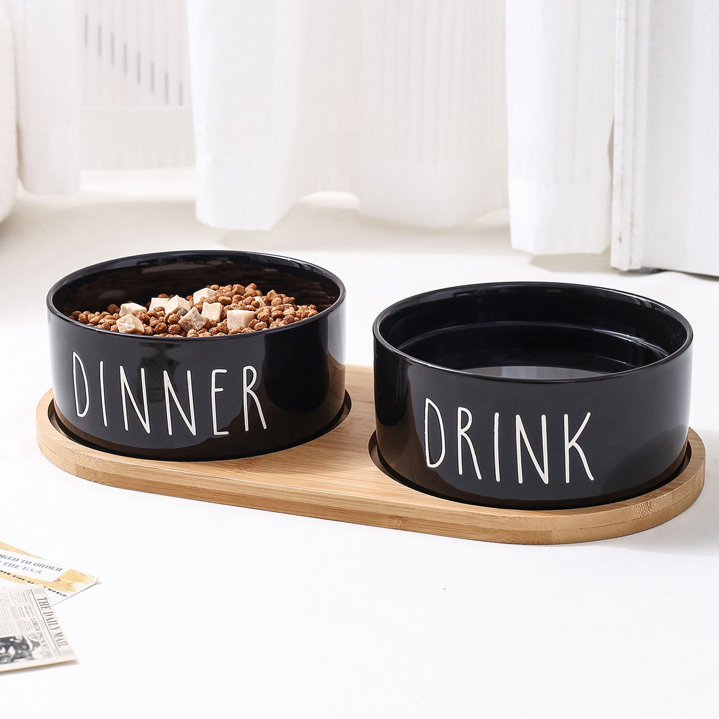 Ceramic Dinner & Drink Pet Bowl Set with Bamboo Tray for Cats & Dogs