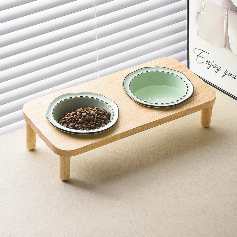 Raised Double Ceramic Pet Bowl Set with Wooden Stand for Cats & Small Dogs) - Image 3