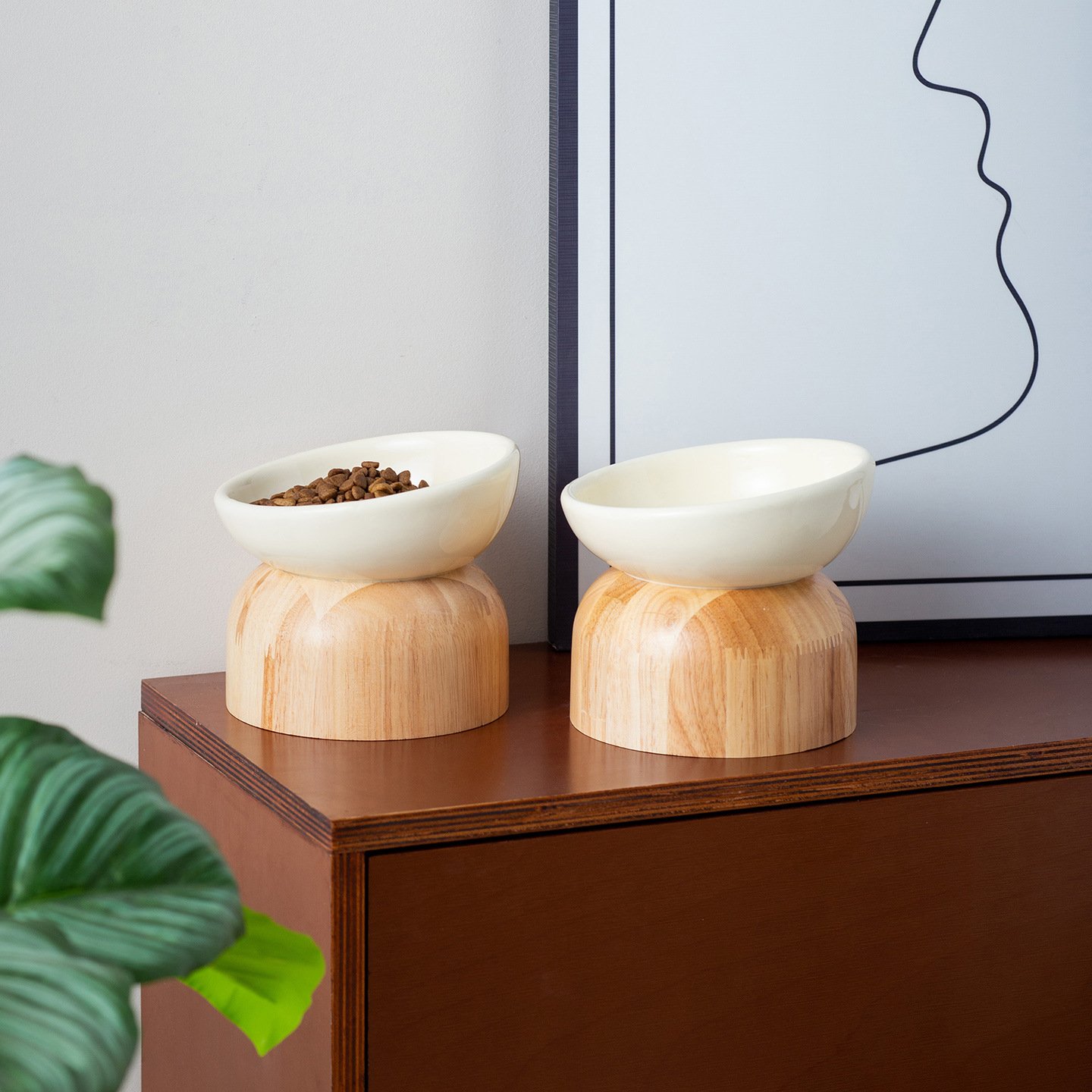 Raised Tilted Ceramic Pet Food Bowl with Wooden Pedestal - Image 3