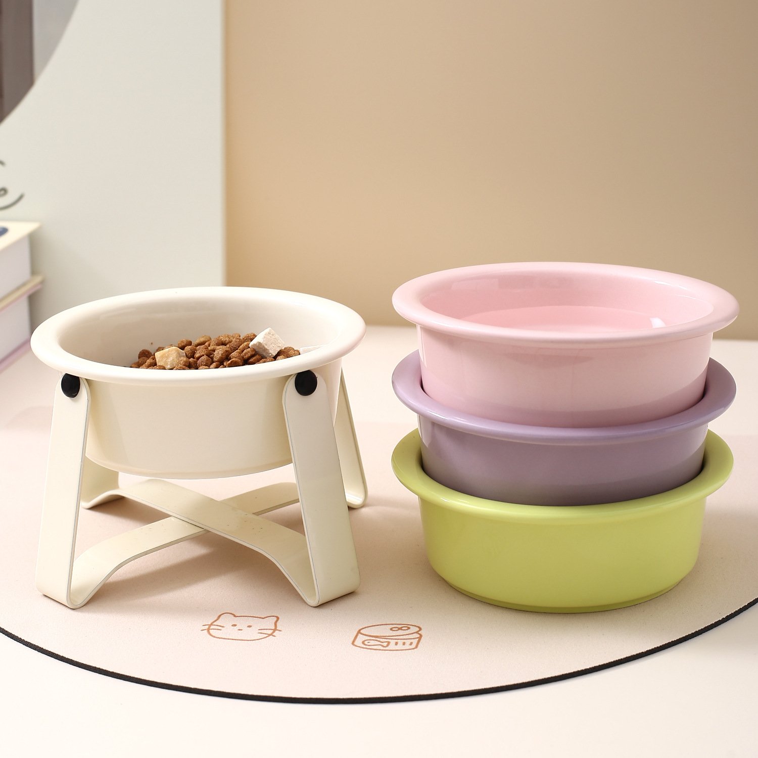 Raised Ceramic Cat Food Bowl with Color-Matched Metal Stand - Image 3
