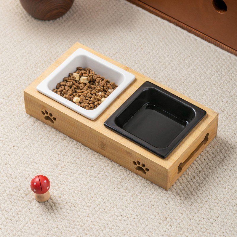Raised Square Ceramic Double Pet Feeder with Wooden Box Stand - Image 3