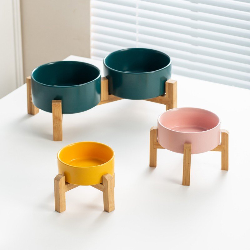 Raised Ceramic Pet Bowl with Elevated Bamboo Stand for Cats & Dogs - Image 3