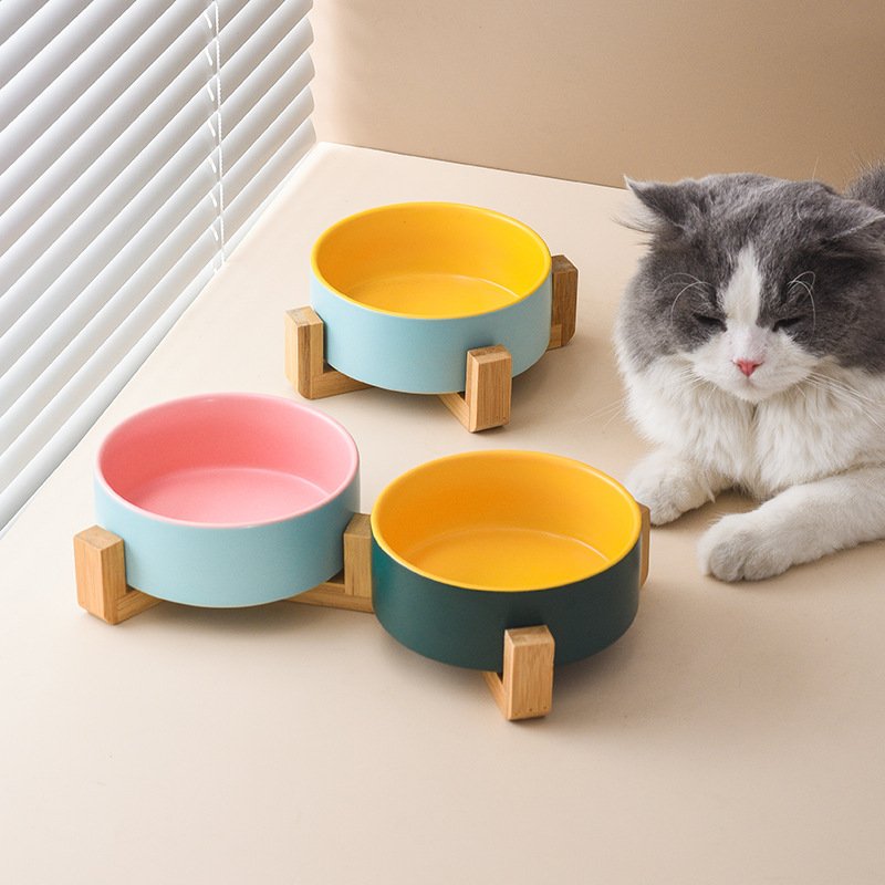 Raised Color-Block Ceramic Pet Bowl with Bamboo Stand for Cats