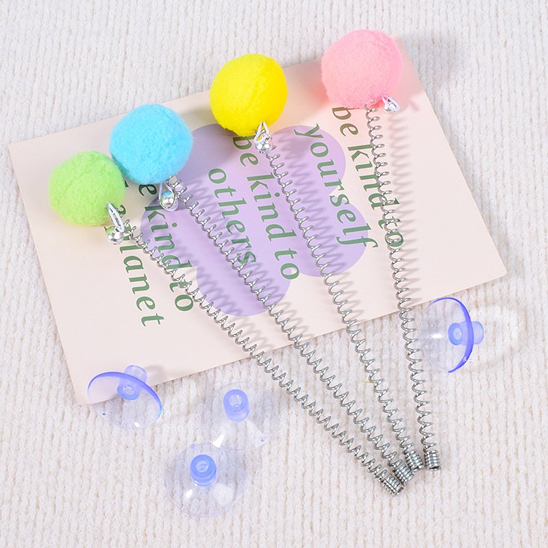 Suction Cup Bouncy Cat Toy – Elastic Spring Fur Ball Toy with Jingle Bell - Image 3