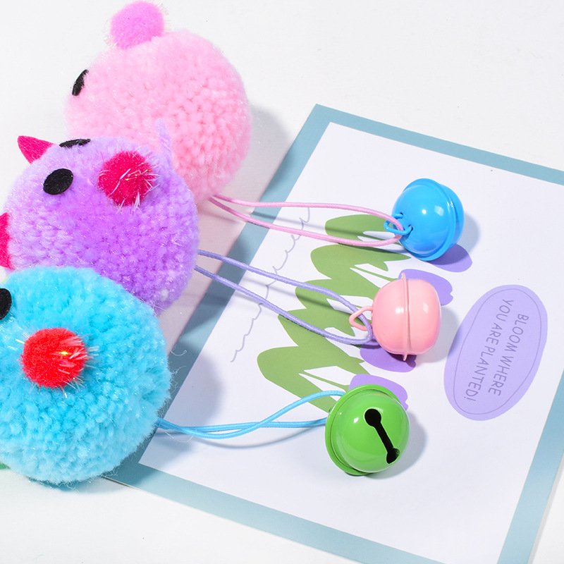 Plush Pom-Pom Mouse Cat Toy with Elastic Cord & Jingle Bell - Image 4