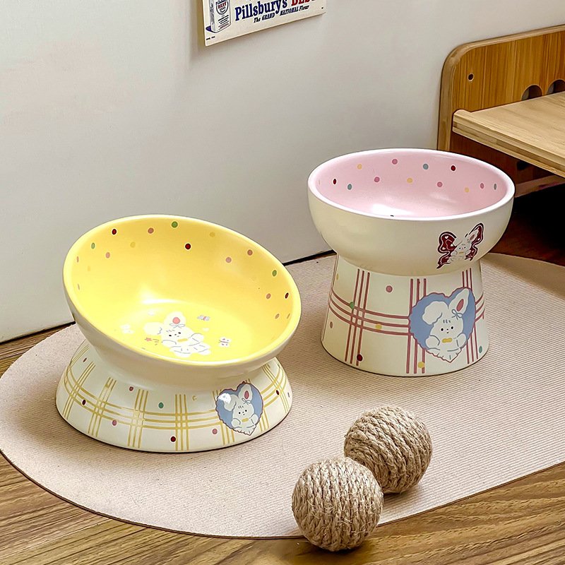 Kawaii Bunny Plaid Elevated Ceramic Pet Bowl - Image 4