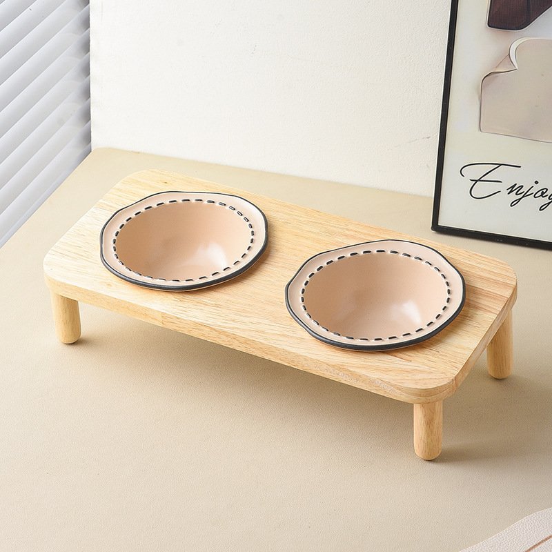Raised Double Ceramic Pet Bowl Set with Wooden Stand for Cats & Small Dogs) - Image 4