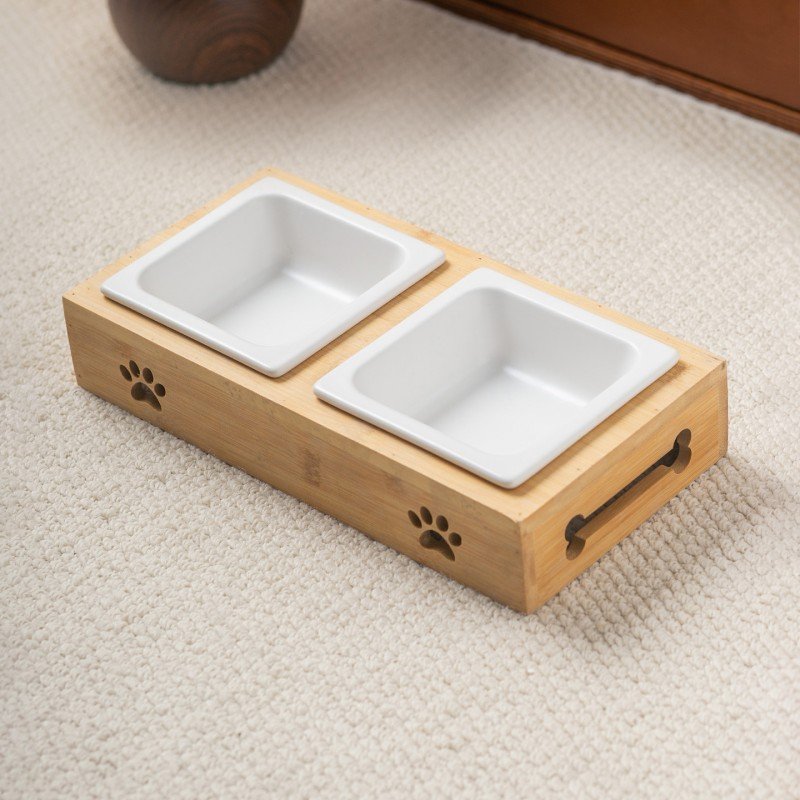 Raised Square Ceramic Double Pet Feeder with Wooden Box Stand - Image 4