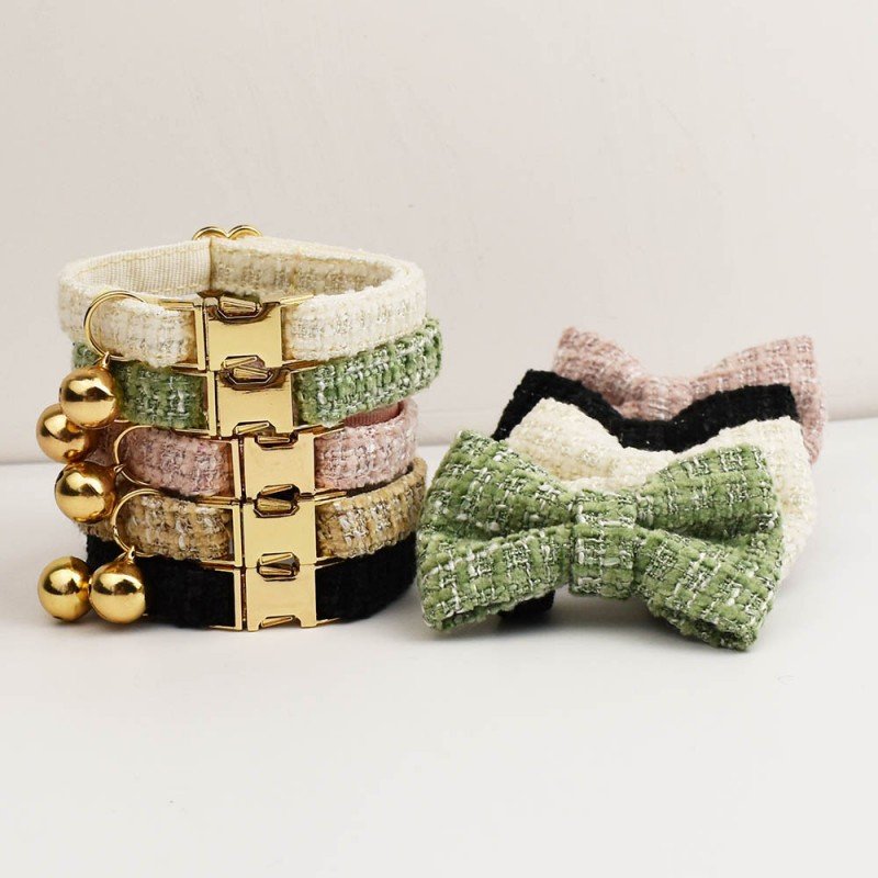 Personalized Tweed Pet Collar with Engraved Gold Buckle & Bowtie - Image 4