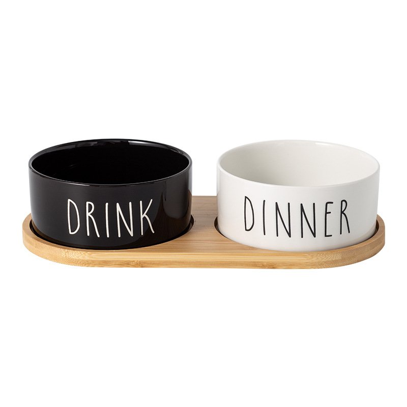 Ceramic Dinner & Drink Pet Bowl Set with Bamboo Tray for Cats & Dogs - Image 2